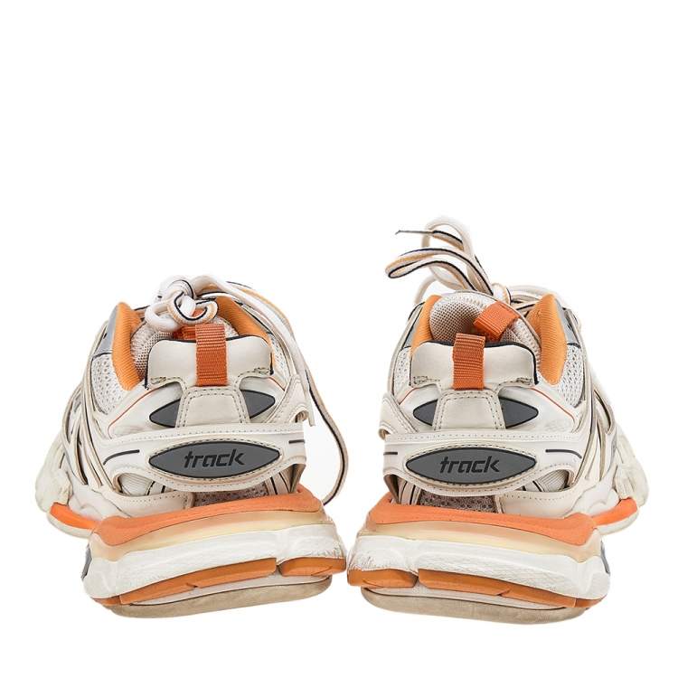 Pre Owned Balenciaga Off White/Orange Mesh And Synthetic Leather Track Sneakers Size 37