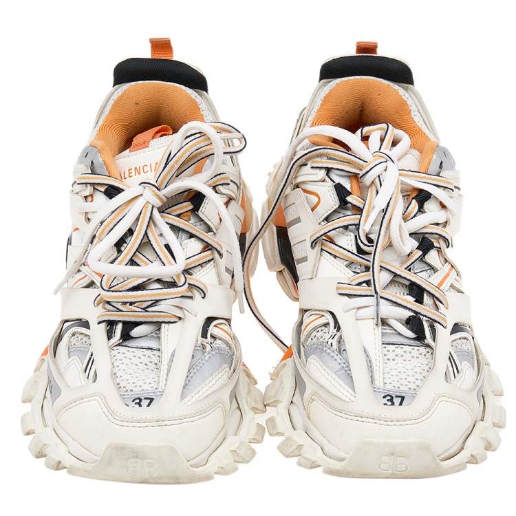 Pre Owned Balenciaga Off White/Orange Mesh And Synthetic Leather Track Sneakers Size 37