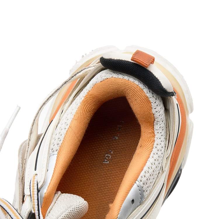 Pre Owned Balenciaga Off White/Orange Mesh And Synthetic Leather Track Sneakers Size 37