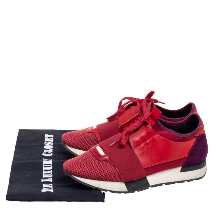 Pre Owned Balenciaga Red/Purple Leather And Suede Race Runner  Sneakers Size 38