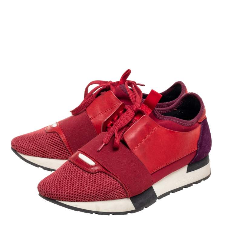 Pre Owned Balenciaga Red/Purple Leather And Suede Race Runner  Sneakers Size 38