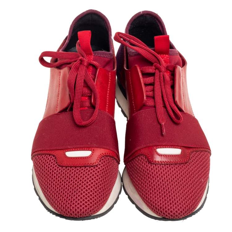 Pre Owned Balenciaga Red/Purple Leather And Suede Race Runner  Sneakers Size 38