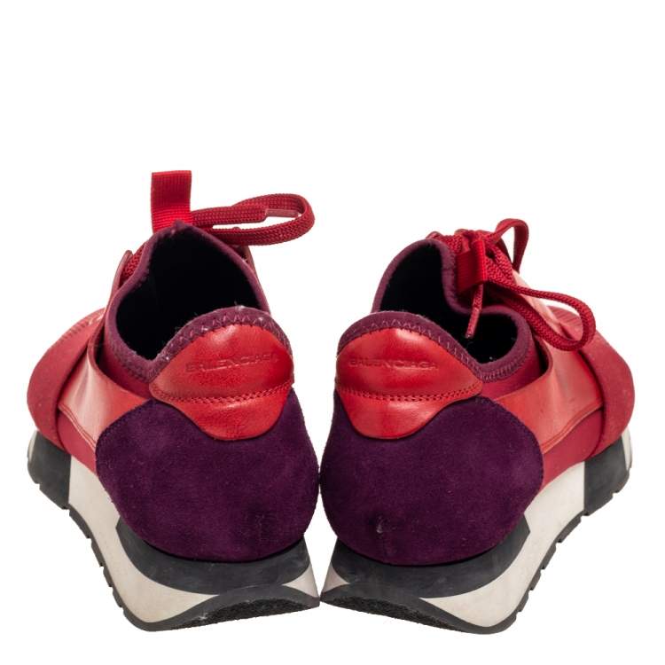 Pre Owned Balenciaga Red/Purple Leather And Suede Race Runner  Sneakers Size 38