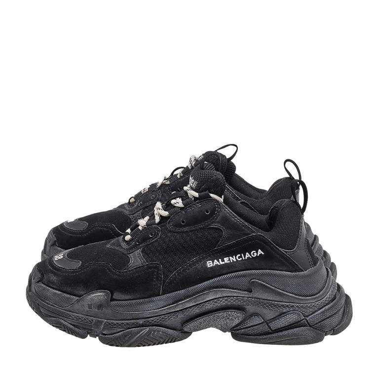 Pre Owned Balenciaga Black Mesh And Leather Triple S Low Top Sneakers Size 38