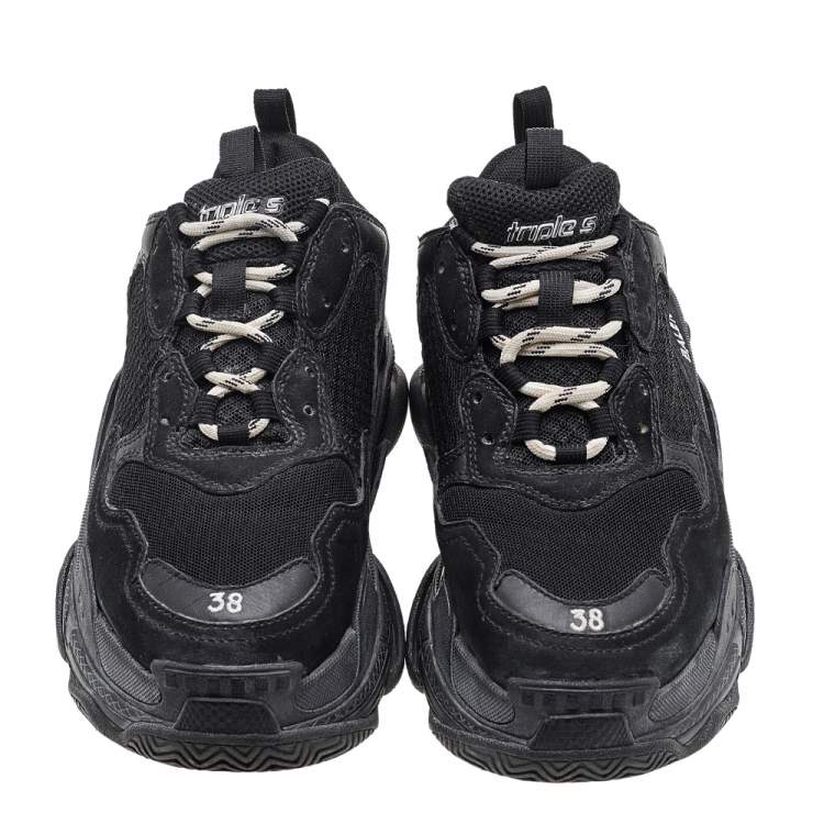 Pre Owned Balenciaga Black Mesh And Leather Triple S Low Top Sneakers Size 38