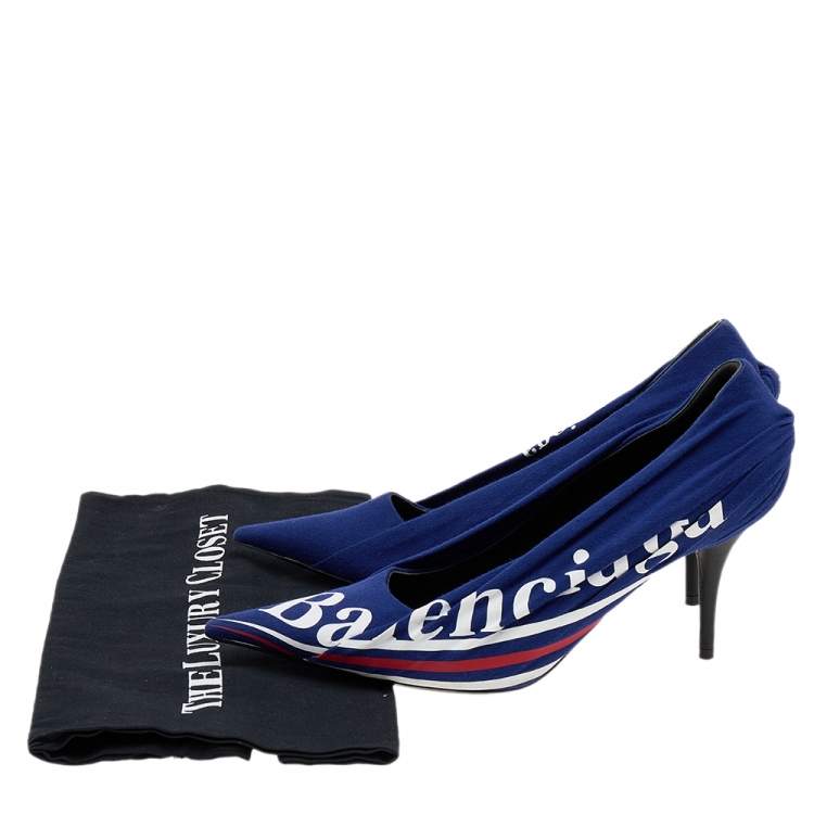 Pre Owned Balenciaga Blue Fabric And Leather Knife Logo Pointed Toe Pumps Size 40