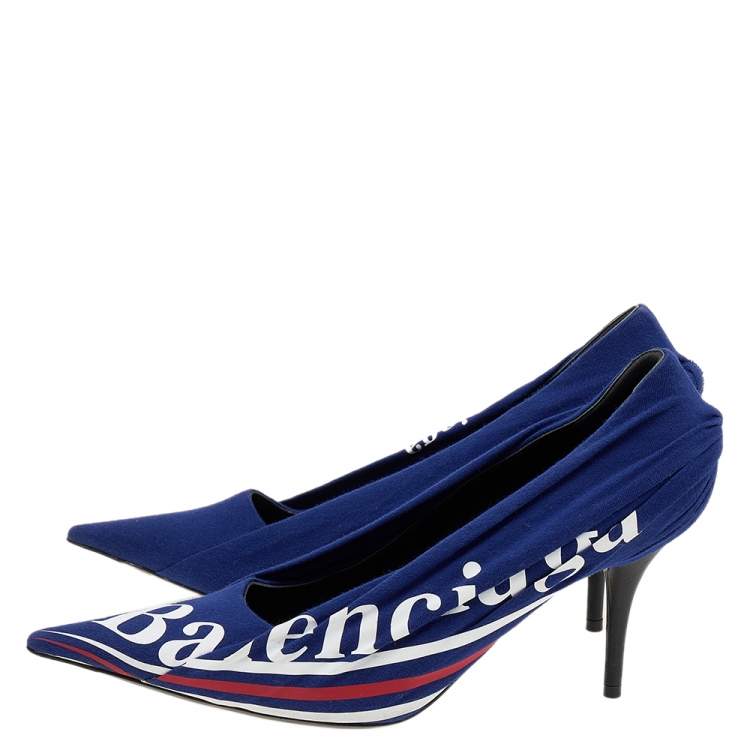 Pre Owned Balenciaga Blue Fabric And Leather Knife Logo Pointed Toe Pumps Size 40