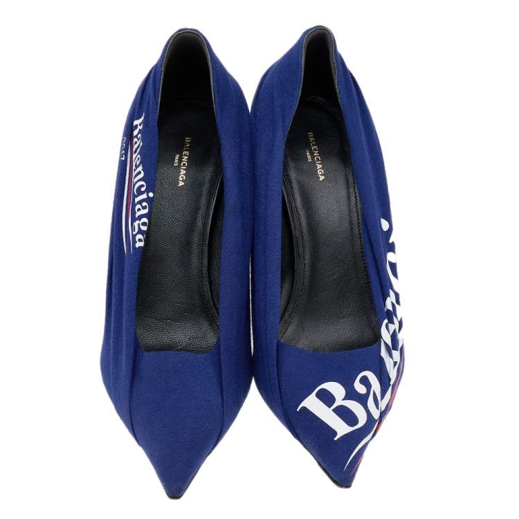 Pre Owned Balenciaga Blue Fabric And Leather Knife Logo Pointed Toe Pumps Size 40