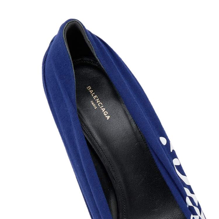 Pre Owned Balenciaga Blue Fabric And Leather Knife Logo Pointed Toe Pumps Size 40