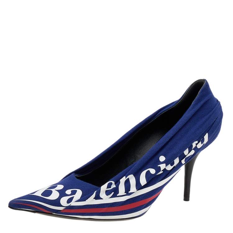 Pre Owned Balenciaga Blue Fabric And Leather Knife Logo Pointed Toe Pumps Size 40