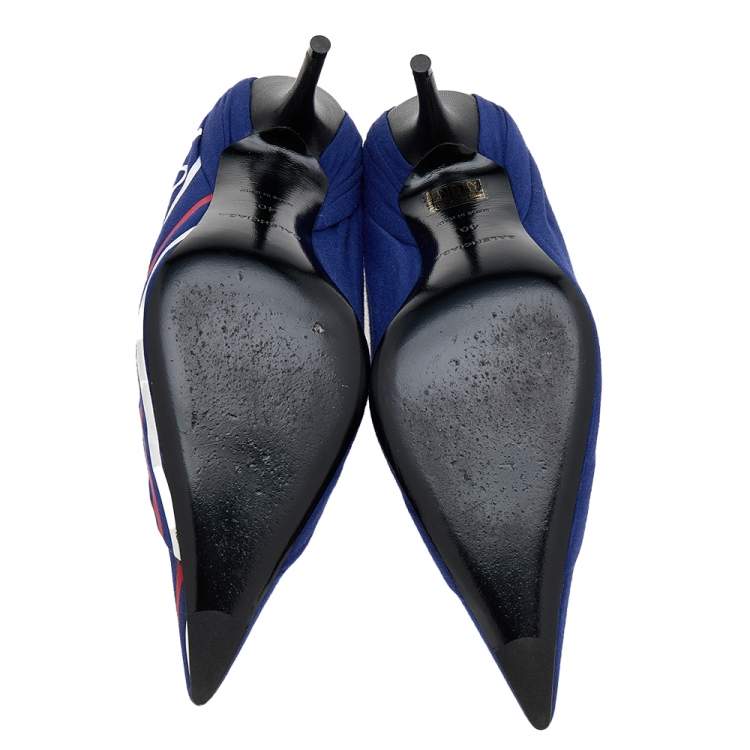 Pre Owned Balenciaga Blue Fabric And Leather Knife Logo Pointed Toe Pumps Size 40