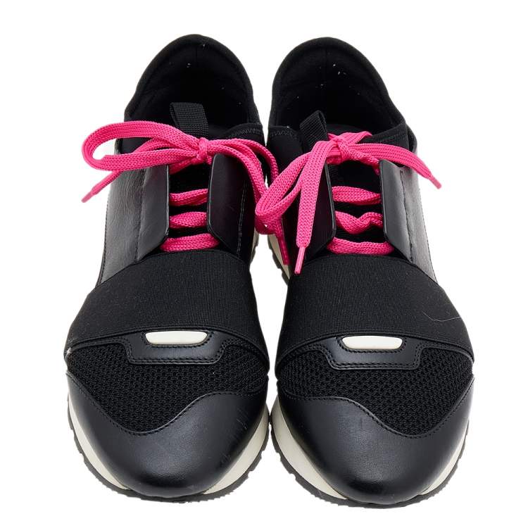 Pre Owned Balenciaga Black Leather And Mesh Race Runner Sneakers Size 37