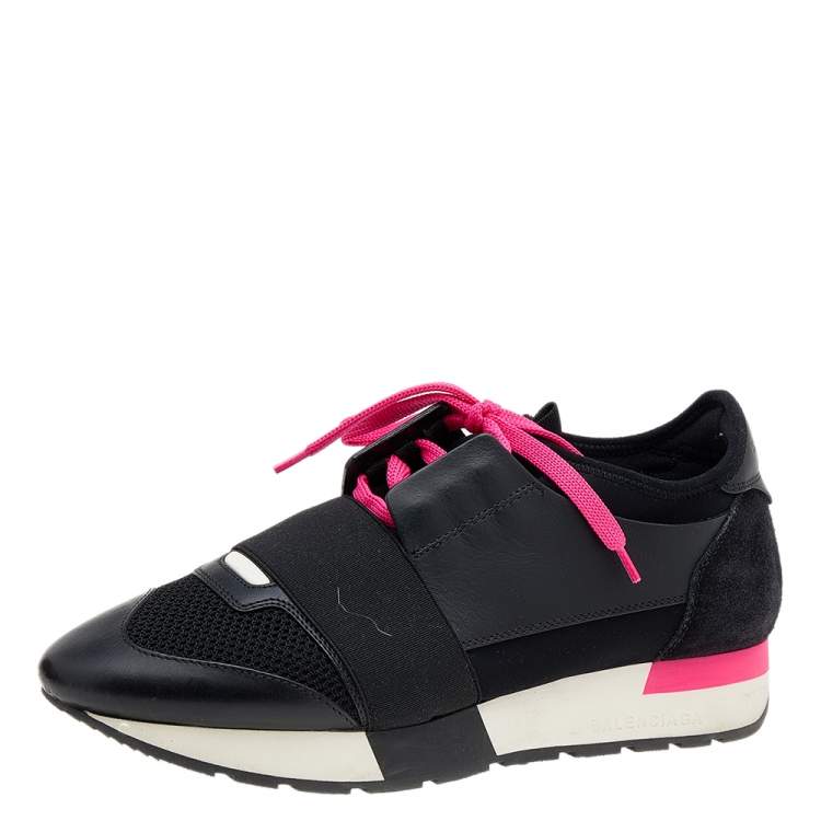 Pre Owned Balenciaga Black Leather And Mesh Race Runner Sneakers Size 37