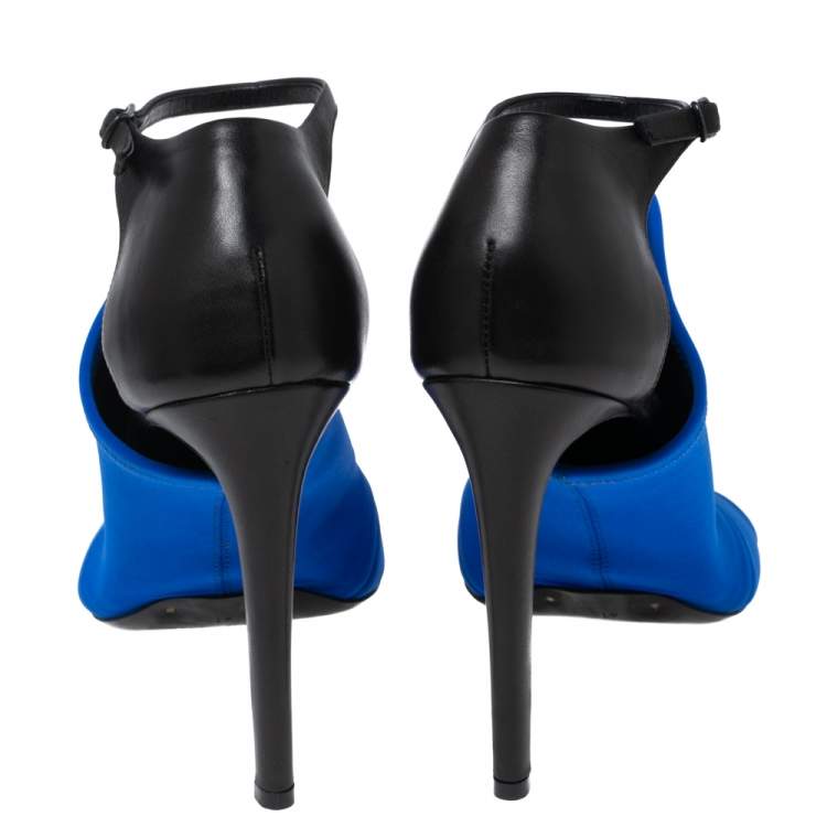 Pre Owned Balenciaga Blue Fabric And Black Leather Neoprone Peep-Toe Ankle Strap Sandals Size 41