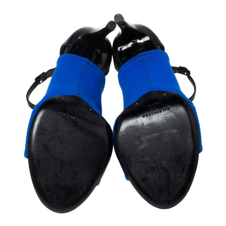 Pre Owned Balenciaga Blue Fabric And Black Leather Neoprone Peep-Toe Ankle Strap Sandals Size 41
