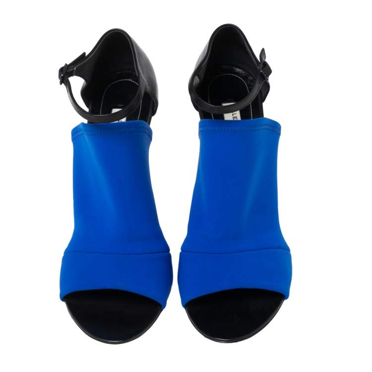 Pre Owned Balenciaga Blue Fabric And Black Leather Neoprone Peep-Toe Ankle Strap Sandals Size 41