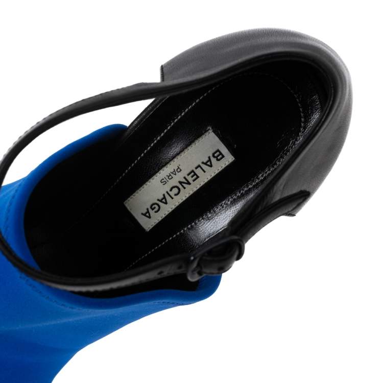 Pre Owned Balenciaga Blue Fabric And Black Leather Neoprone Peep-Toe Ankle Strap Sandals Size 41