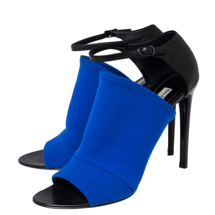 Pre Owned Balenciaga Blue Fabric And Black Leather Neoprone Peep-Toe Ankle Strap Sandals Size 41