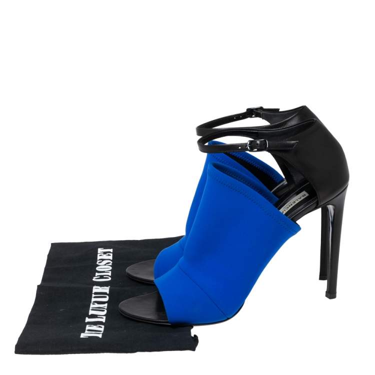 Pre Owned Balenciaga Blue Fabric And Black Leather Neoprone Peep-Toe Ankle Strap Sandals Size 41
