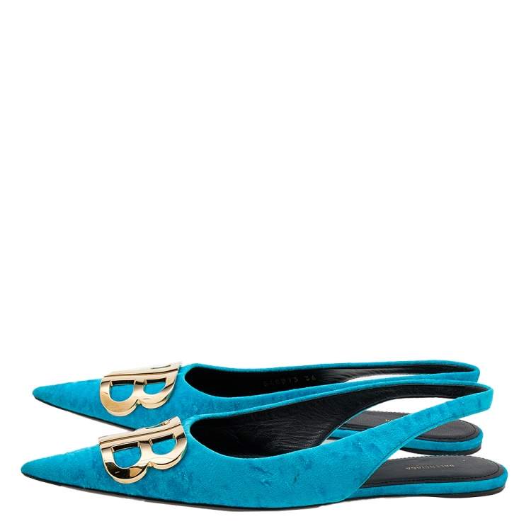 Pre Owned Balenciaga Blue Velvet BB Pointed Slingback Sandals Size 36