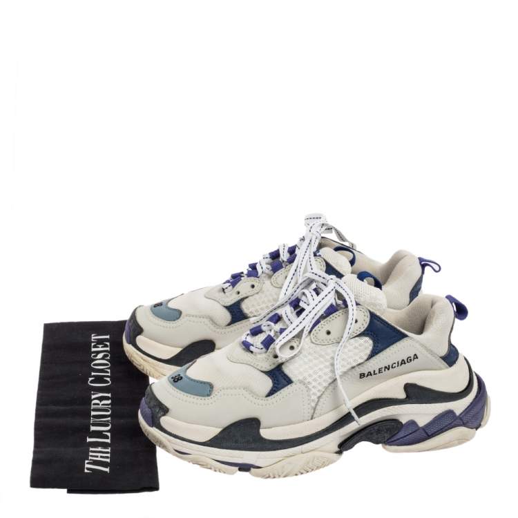 Pre Owned Balenciaga White/Purple Mesh and Leather Triple S Sneakers Size 38