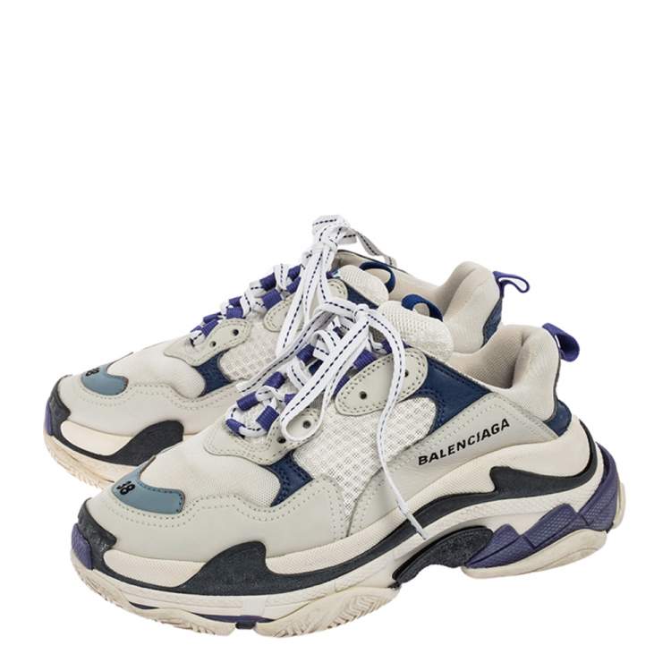 Pre Owned Balenciaga White/Purple Mesh and Leather Triple S Sneakers Size 38