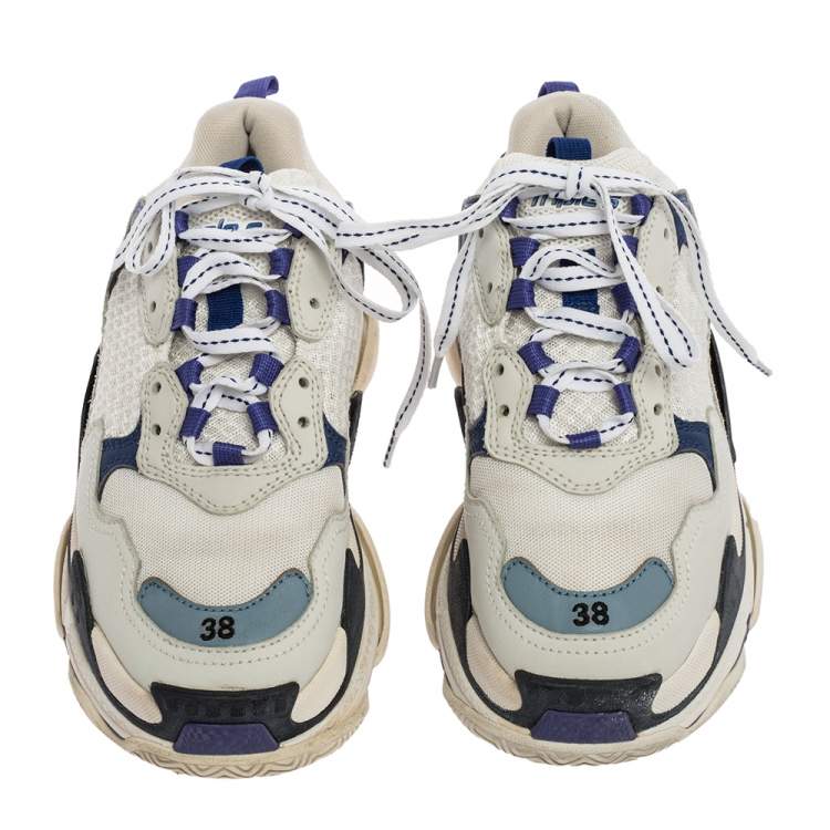 Pre Owned Balenciaga White/Purple Mesh and Leather Triple S Sneakers Size 38