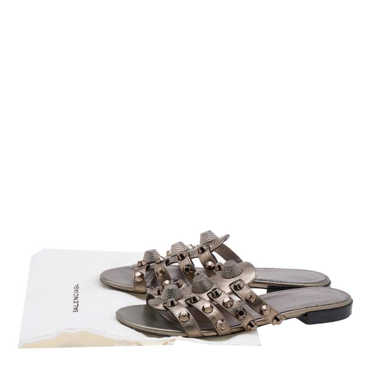 Pre Owned Balenciaga Metallic Grey Leather Arena Embellished Flats Size 36