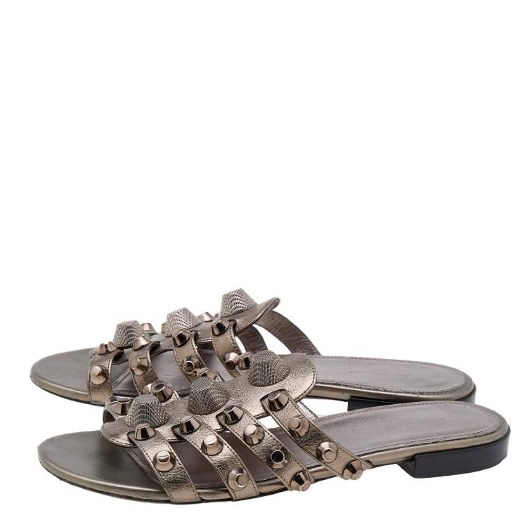 Pre Owned Balenciaga Metallic Grey Leather Arena Embellished Flats Size 36