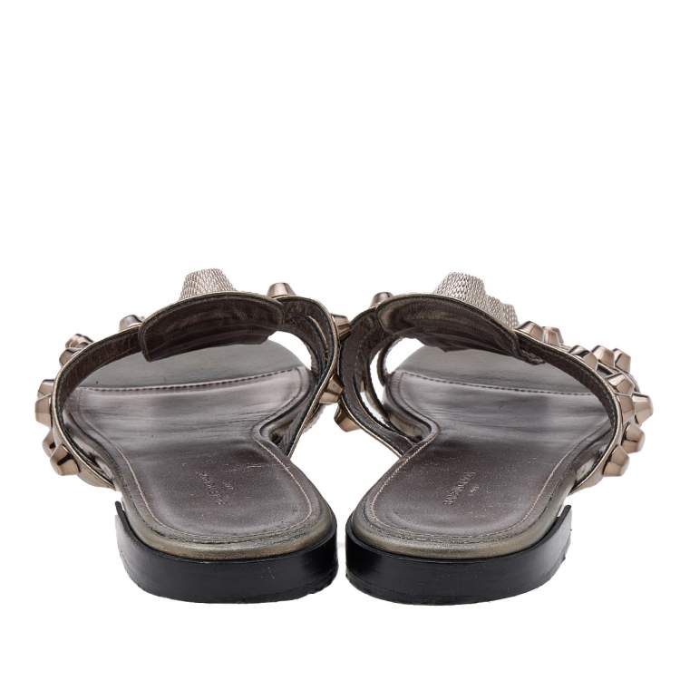 Pre Owned Balenciaga Metallic Grey Leather Arena Embellished Flats Size 36