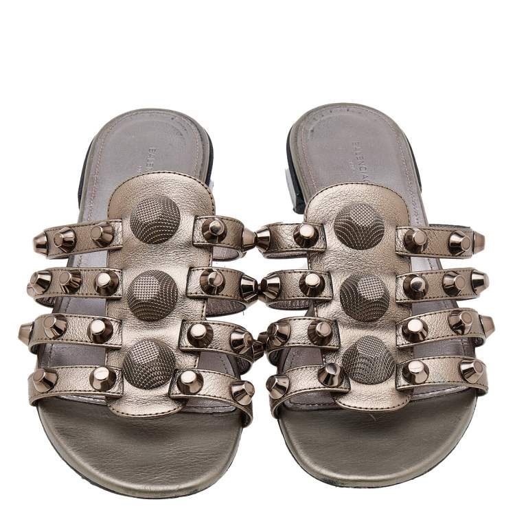 Pre Owned Balenciaga Metallic Grey Leather Arena Embellished Flats Size 36