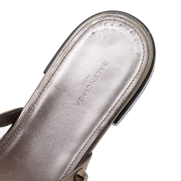 Pre Owned Balenciaga Metallic Grey Leather Arena Embellished Flats Size 36