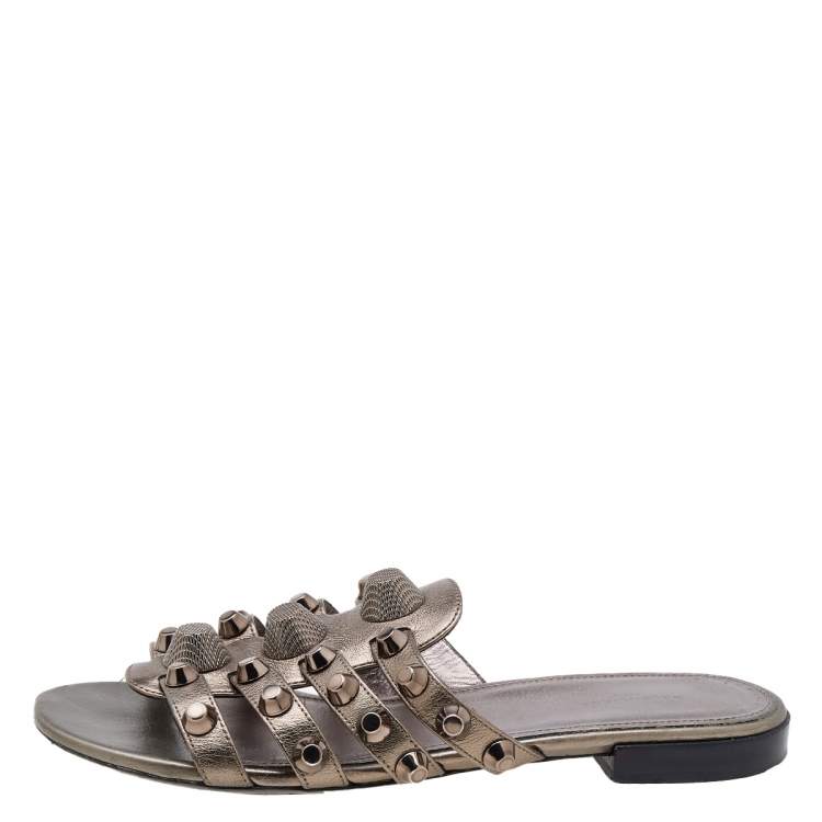 Pre Owned Balenciaga Metallic Grey Leather Arena Embellished Flats Size 36