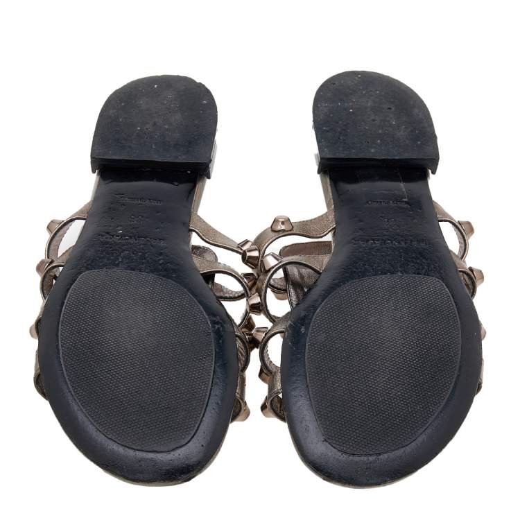 Pre Owned Balenciaga Metallic Grey Leather Arena Embellished Flats Size 36