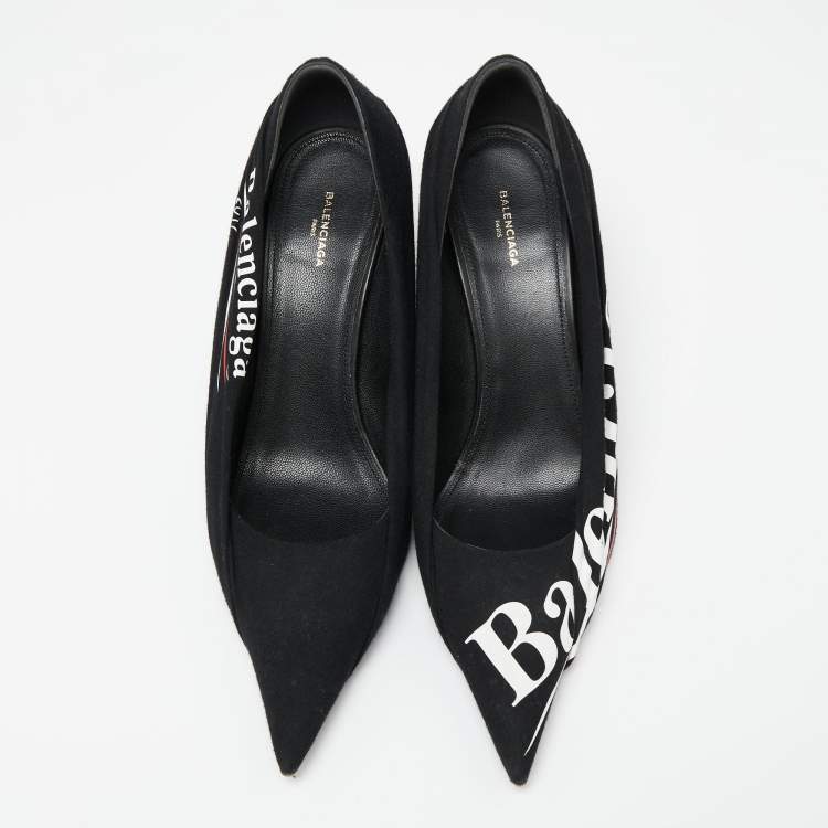 Pre Owned Balenciaga Black Fabric Knife Logo Pointed Toe Pumps Size 39.5