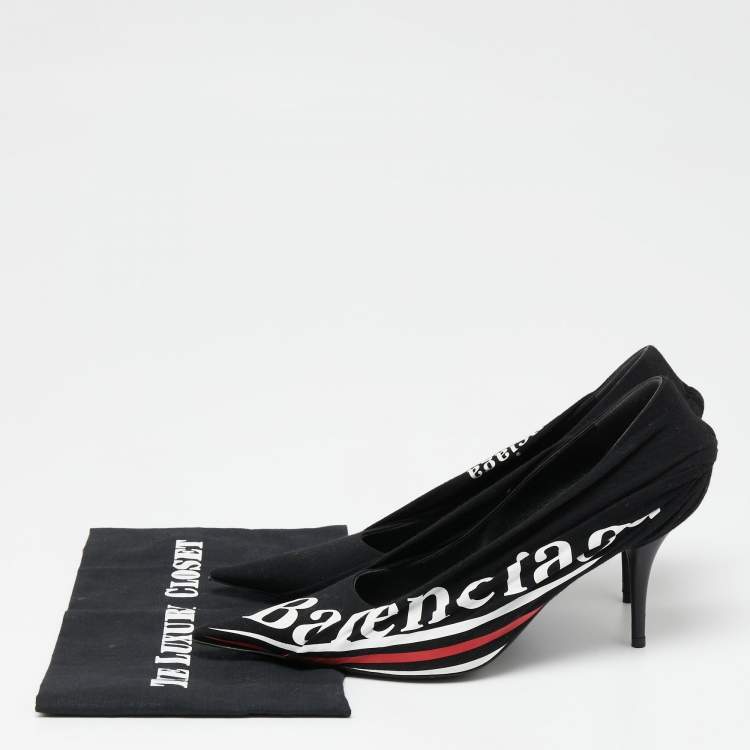 Pre Owned Balenciaga Black Fabric Knife Logo Pointed Toe Pumps Size 39.5