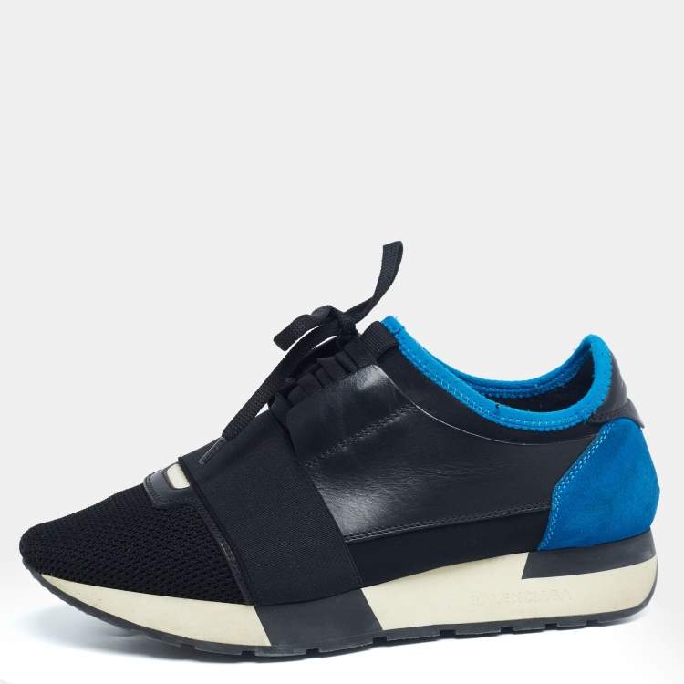 Pre Owned Balenciaga Black/Blue Leather And Mesh Race Runner  Sneakers Size 37