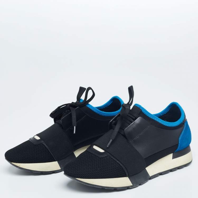 Pre Owned Balenciaga Black/Blue Leather And Mesh Race Runner  Sneakers Size 37