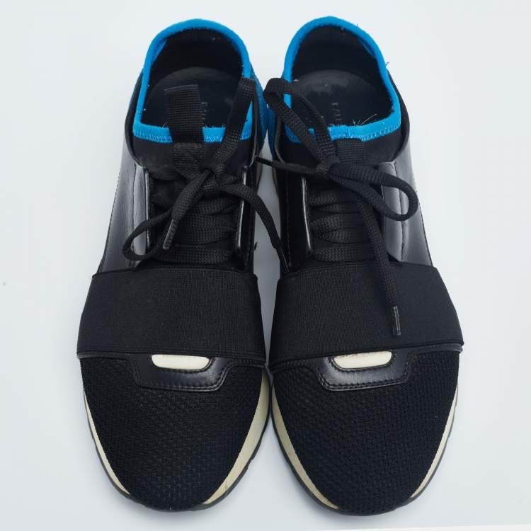 Pre Owned Balenciaga Black/Blue Leather And Mesh Race Runner  Sneakers Size 37