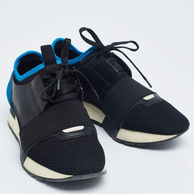 Pre Owned Balenciaga Black/Blue Leather And Mesh Race Runner  Sneakers Size 37