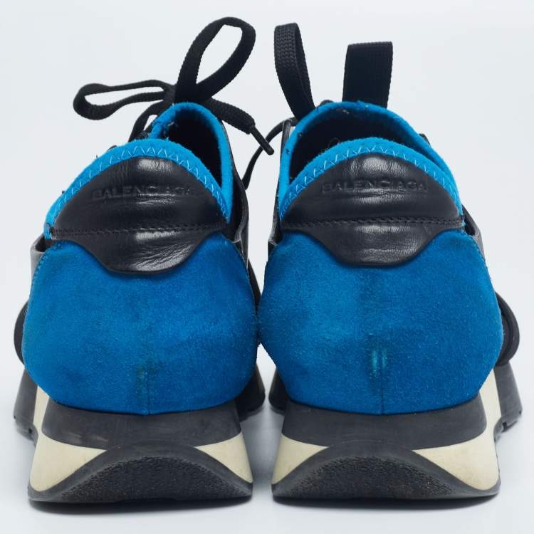 Pre Owned Balenciaga Black/Blue Leather And Mesh Race Runner  Sneakers Size 37