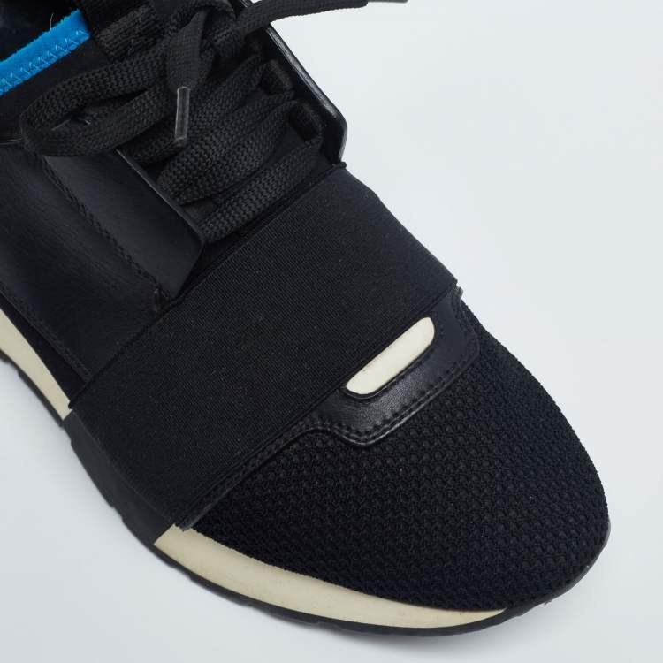 Pre Owned Balenciaga Black/Blue Leather And Mesh Race Runner  Sneakers Size 37