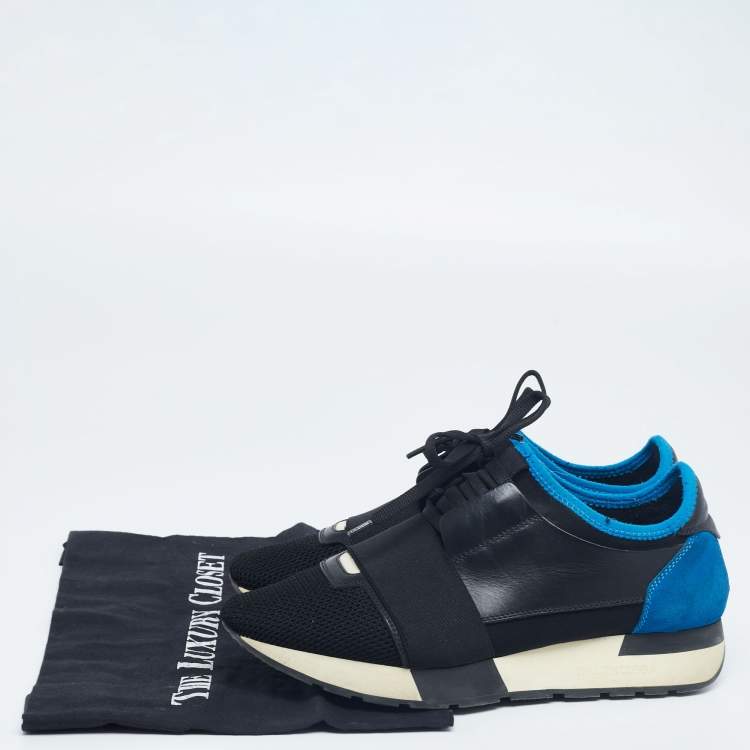 Pre Owned Balenciaga Black/Blue Leather And Mesh Race Runner  Sneakers Size 37