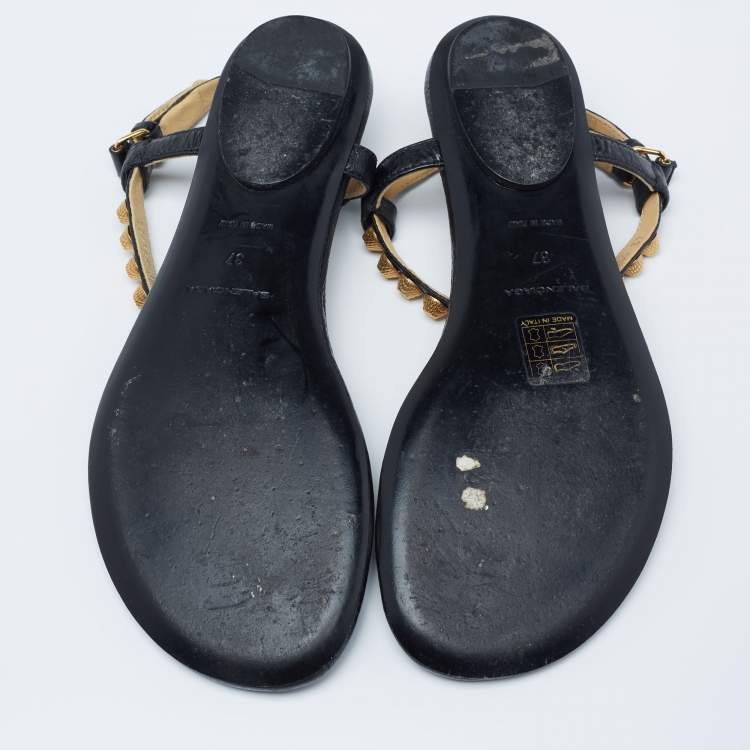 Pre Owned Balenciaga Black Leather Studded Arena Thong Sandals Size 37