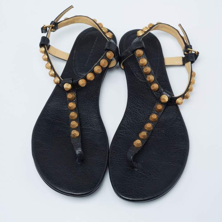 Pre Owned Balenciaga Black Leather Studded Arena Thong Sandals Size 37
