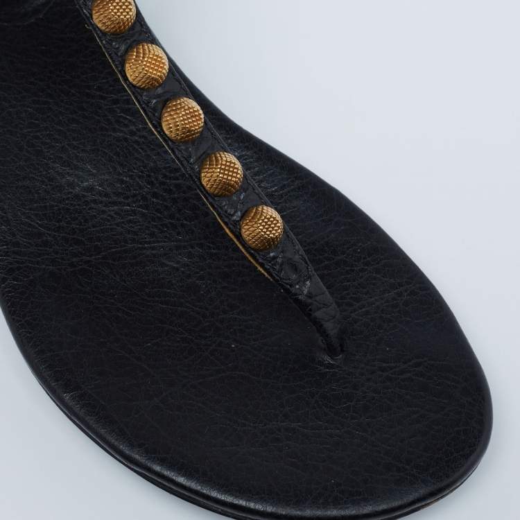 Pre Owned Balenciaga Black Leather Studded Arena Thong Sandals Size 37