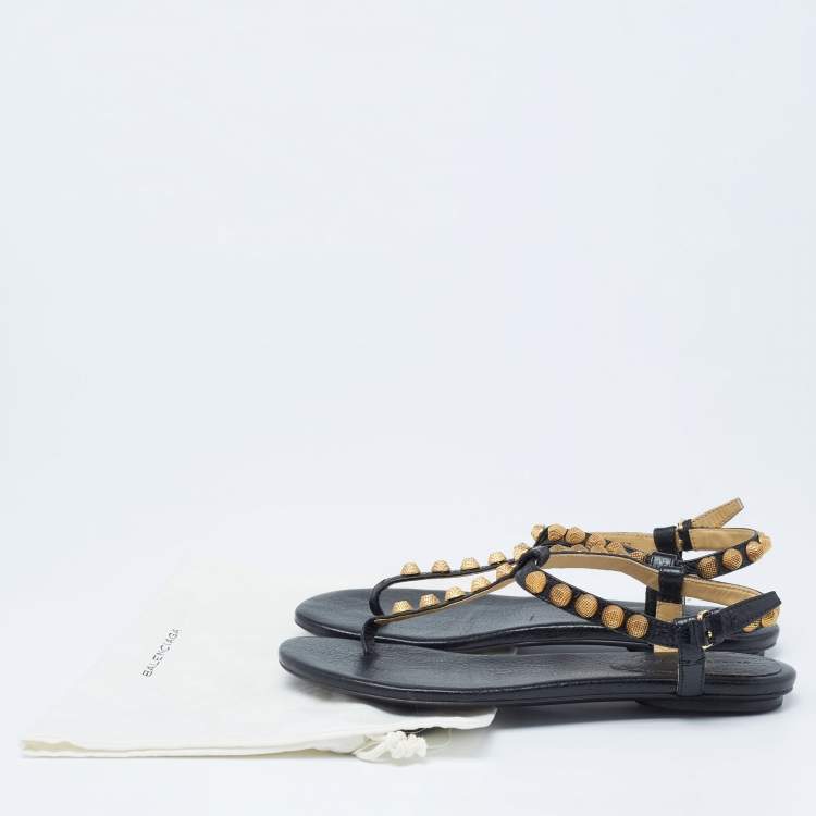 Pre Owned Balenciaga Black Leather Studded Arena Thong Sandals Size 37