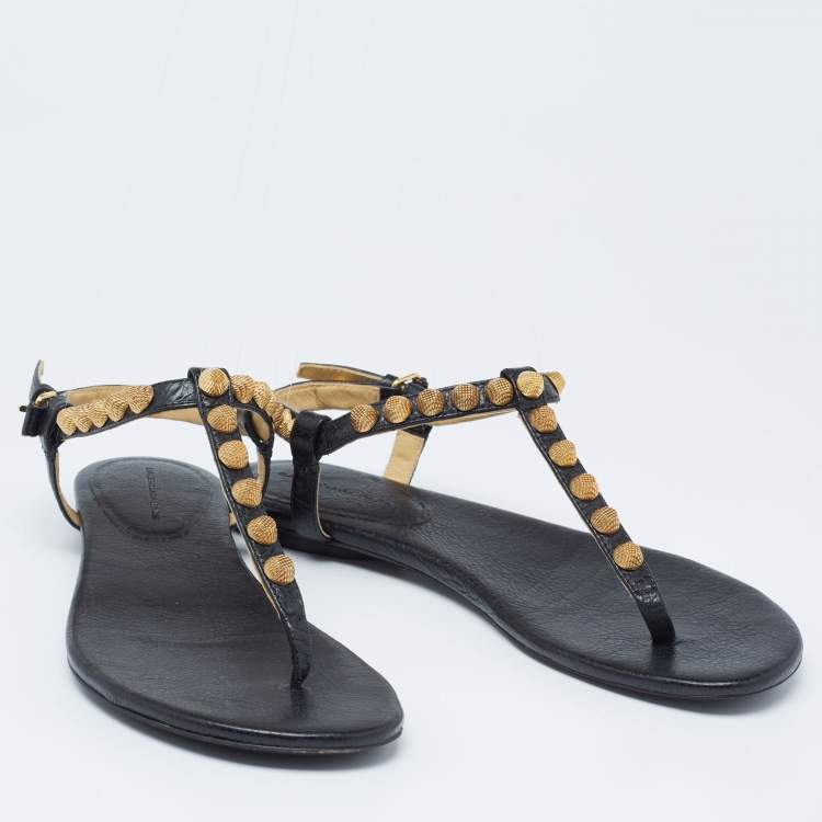 Pre Owned Balenciaga Black Leather Studded Arena Thong Sandals Size 37