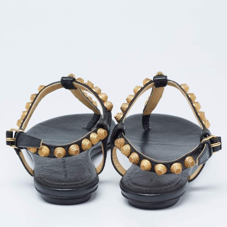 Pre Owned Balenciaga Black Leather Studded Arena Thong Sandals Size 37