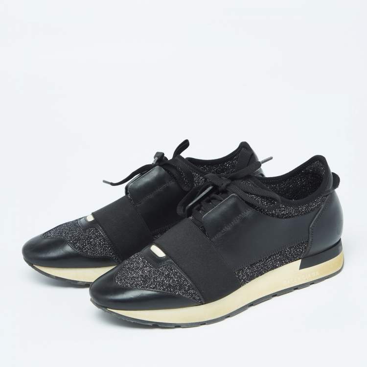 Pre Owned Balenciaga Black Leather And Knit Fabric Race Runner Sneakers Size 40